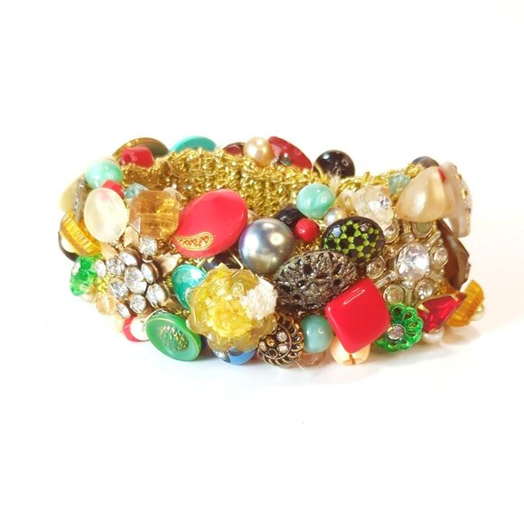 Vintage Art Deco Lucite Beads Rhinestone Buttons Stretch Elastic Cuff Bracelet - Picture 1 of 5